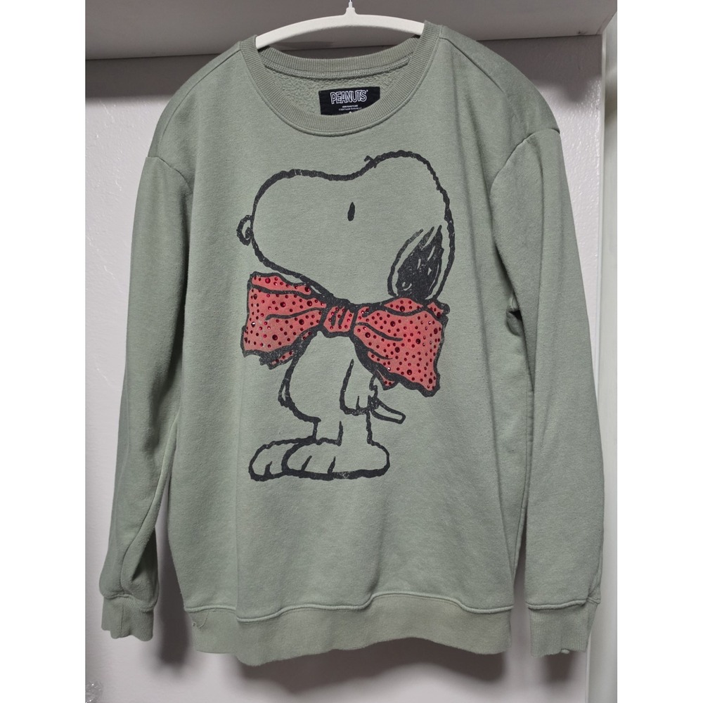 PEANUTS Snoopy Pullover Crew Neck Sweatshirt Womens Medium Green Graphic Print